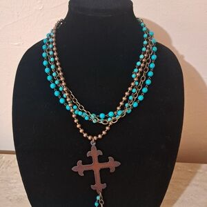 Turquoise and Bronze Layered Cross Necklace